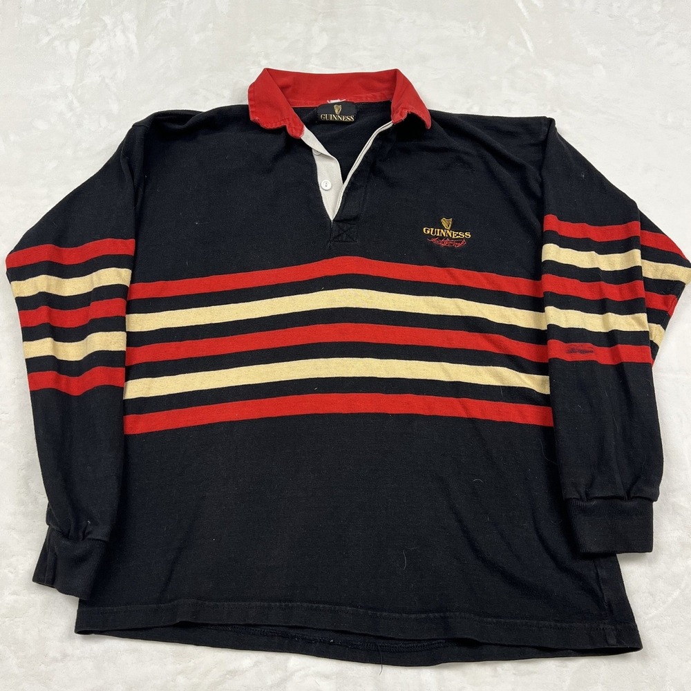 Guinness Rugby Shirt Mens XL Black Striped Long Sleeve Made in Ireland Logo